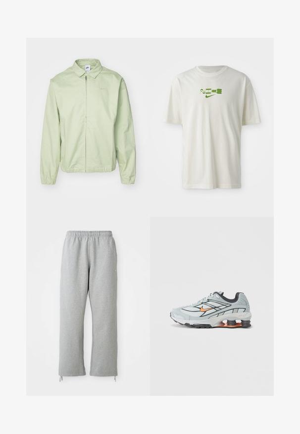 Lichtgroene jas van gladde stof, met een kraag, een ritssluiting aan de voorkant, elastische manchetten en een subtiel logo op de borst.; Witte katoenen t-shirt met een groene grafische print van het woord "NIKE" en logo. Korte mouwen en ronde halslijn. Soepele textuur.; Grijze sweatpants met een elastische tailleband, rechte pijpen en trekkoordaccenten aan de zoom. Gemaakt van zachte, gestructureerde stof.; Lichtgrijze hardloopschoen met zwarte accenten, oranje logo, bovenwerk van mesh, gevoerde kraag en rubberen zool met zichtbare schokabsorberende elementen.