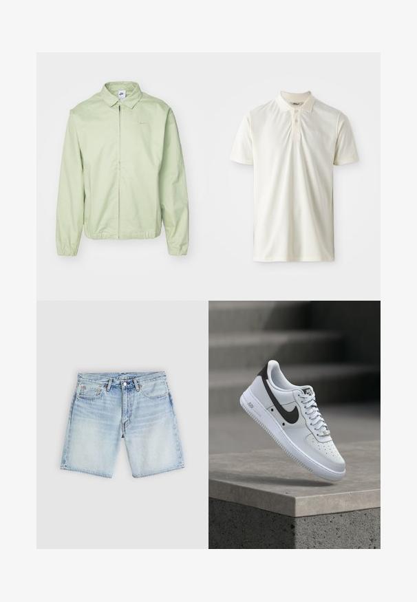 Lys grøn jakke lavet af glat stof, med krave, frontlynlås, elastiske ærmer og et diskret logo på brystet.; Lys beige polo skjorte lavet af blødt stof, med krave, tre-knaps lukning, og subtil logo broderi på brystet.; Lyseblå denimshorts med en lige pasform, der har fem lommer og orange stingdetaljer. Glat tekstur med let falmning.; Hvid Nike Air Force 1 sneaker med sort swoosh-logo, svævende over en betonforkant med slørede trapper i baggrunden.
