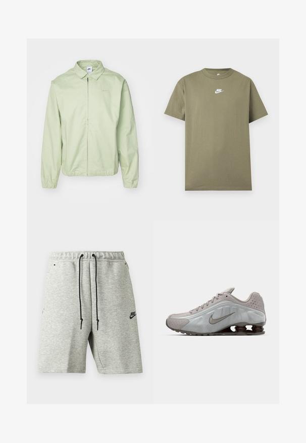 Lys grøn jakke lavet af glat stof, med krave, frontlynlås, elastiske ærmer og et diskret logo på brystet.; Olivengrøn kortærmet Nike T-shirt med rund hals og hvidt logo på brystet på en ensfarvet lys grå baggrund.; Lysegrå Nike-shorts med sorte snore, elastisk talje, sidelommer og lille sort Nike-logo på venstre ben.; Nike løbesko i lysegrå med en glat tekstur, buet design og synlige støddæmpningsfjeder i mørkebrun ved hælen.