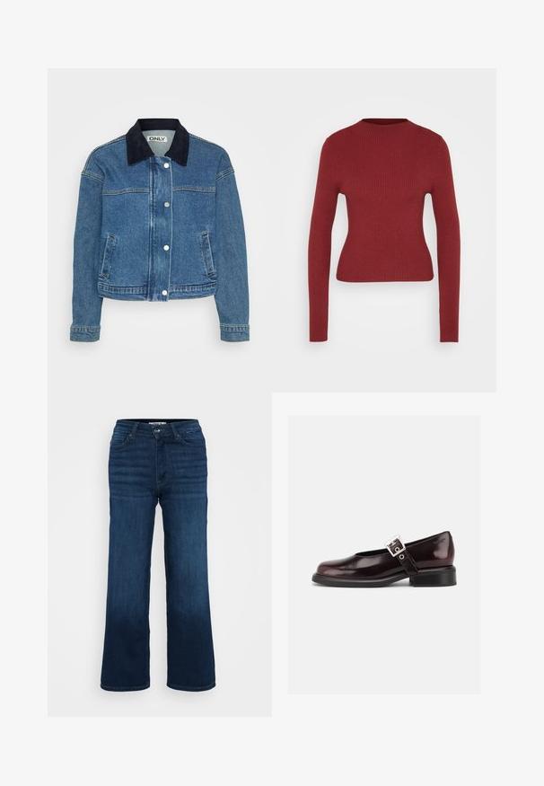 Jeansjacke mit einem dunkelblauen Cordkragen, Druckknöpfen auf der Vorderseite und zwei seitlichen Taschen. Mittellange Ärmel mit Manschettendetails.; Enganliegendes, geripptes, langärmliges Sweater in Dunkelrot mit Rundhalsausschnitt, auf einem neutralen, hellen Hintergrund präsentiert.; ONLY Petite ONLMADISON BLUSH WIDE - Wide Leg - dark blue denim; Ein einzelner glänzender dunkelburgunder Mary Jane Schuh mit breitem Riemen und silberner Schnalle, niedrigem Blockabsatz und abgerundeter Spitze auf weißem Hintergrund.