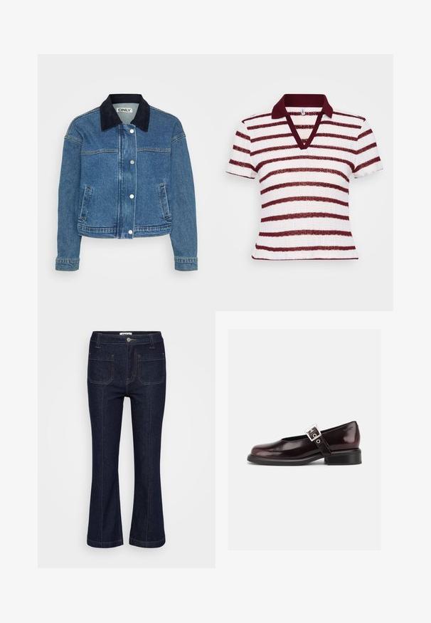 Denimjack met een donkerblauwe corduroy kraag, voorzijde met drukknoopsluiting en twee zijzakken. Midsleeves met manchetdetails.; Gestreept polo-shirt met een diepe V-hals, korte mouwen en een bordeauxrode kraag. Heeft afwisselend brede witte en bordeauxrode strepen in een textuurstof.; Donkerblauwe denim jeans met voorzakken, contrasterende stiksels, riemlussen, knoopsluiting en licht uitlopende pijpen.; Enkele glanzende donker bordeauxrode Mary Jane schoen met brede band en zilveren gesp, lage blokhak en afgeronde neus op witte achtergrond.