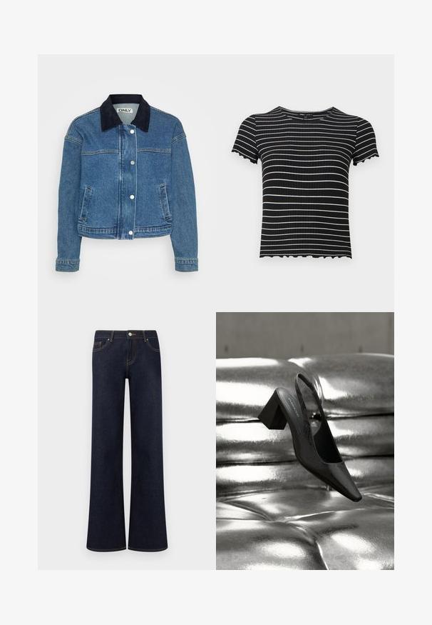 Denim takki, jossa on tumma sininen corduroykraava, etuosan nappikiinnitys ja kaksi sivutaskua. Keskipitkät hihat, joissa on kalvosin yksityiskohtia.; Musta ribbattu lyhythihainen paita, jossa on valkoisia vaakaraitoja. Rypytetty reunus ja kaula-aukko tuovat lisäyksityiskohtia sen suunnitteluun. Sopii rentoon pukeutumiseen.; Tummansiniset leveälahkeiset farkut, joissa on etutaskut, nappi- ja vetoketjusuljenta sekä näkyvä kontrastisauma.; Musta slingback-korkokenkä teräväkärkisellä varpaalla, jossa on teksturoitu pinta ja leveä tukkimainen korko. Aseteltu kiiltävän, metallisen taustan päälle.