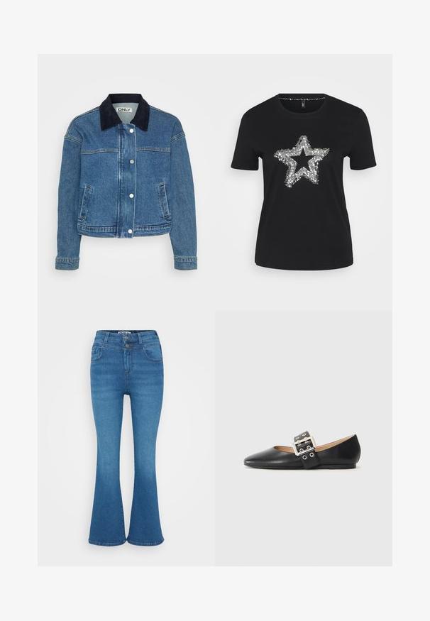 Jeansjacke mit einem dunkelblauen Cordkragen, Druckknöpfen auf der Vorderseite und zwei seitlichen Taschen. Mittellange Ärmel mit Manschettendetails.; Schwarzes T-Shirt aus Baumwolle mit einem silbernen Paillettenstern-Design auf der Vorderseite. Kurze Ärmel und runder Ausschnitt.; Blaue Denim-Jeans mit ausgestelltem Bein, hoher Taille, Zwei-Knopf-Verschluss und dezentem Ausbleichen. Klassisches Fünf-Taschen-Design, glatte Textur.; Schwarzer flacher Lederschuh mit spitz zulaufender Schuhspitze und einem dekorativen Riemen mit silberfarbener Schnalle sowie kleinen Ausschnitten.