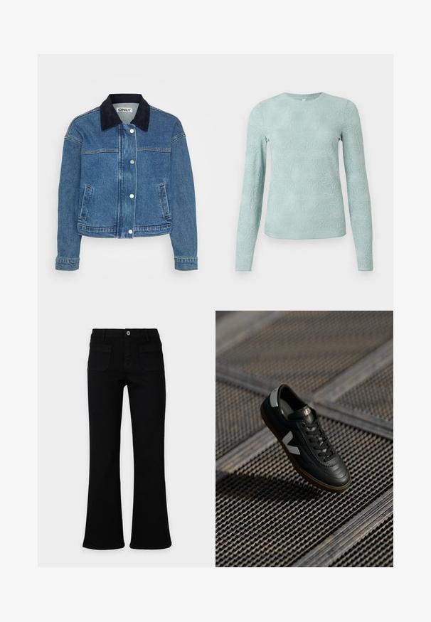 Denim takki, jossa on tumma sininen corduroykraava, etuosan nappikiinnitys ja kaksi sivutaskua. Keskipitkät hihat, joissa on kalvosin yksityiskohtia.; Vaaleansininen pitkähihainen paita, jossa on tekstuuri kukkakuosi, pyöreä kaula-aukko ja istuva malli. Valmistettu pehmeästä, joustavasta kankaasta.; Mustat leveälahkeiset farkut, joissa on etutaskut, vyölenkit ja nappikiinnitys, esitetty vaalealla yksinkertaisella taustalla. Ei näkyvää brändäystä.; Mustat nahkakengät, joissa on harmaan yksityiskohtia, kengännauhoja ja kumipohja. Varustettu näyttävällä valkoisella logolla ja tekstuurilla varustetulla päälliosalla.