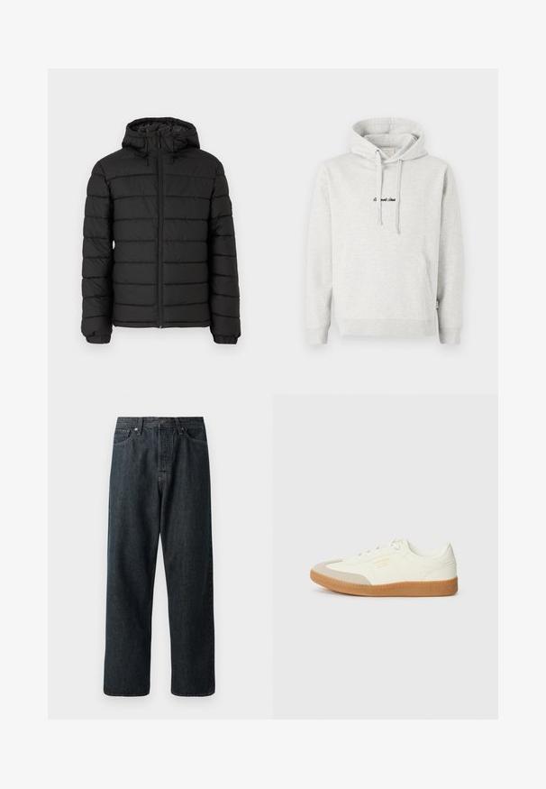 Doudoune noire avec capuche, motif matelassé, fermeture éclair à l'avant, poignets élastiqués et texture lisse, offrant chaleur et isolation.; Hoodie gris clair avec une poche kangourou, capuche avec cordon de serrage et texte brodé en noir sur le devant. Tissu en mélange de coton, poignets côtelés.; Jeans en denim foncé avec une coupe droite, dotés d'une disposition traditionnelle à cinq poches et d'une fermeture à bouton en métal à la taille.; Baskets en cuir blanc avec une coque beige et une semelle en caoutchouc marron clair. Dotées de lacets blancs plats et d'un logo embossé sur le côté.
