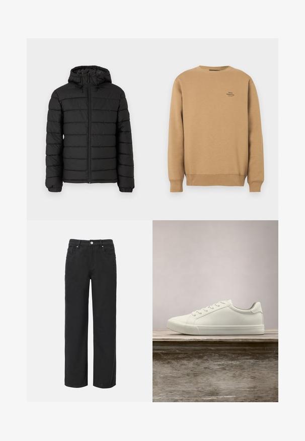 Doudoune noire avec capuche, motif matelassé, fermeture éclair à l'avant, poignets élastiqués et texture lisse, offrant chaleur et isolation.; Sweatshirt beige à col rond avec des poignets et un ourlet côtelés, arborant un petit logo noir "Mads Nørgaard Copenhagen" sur le côté gauche de la poitrine.; Pantalons larges noirs en coton avec quatre poches, fermeture à bouton à l'avant et un design en denim classique. Texture lisse, sans motifs visibles.; Sneaker en dentelle blanche flottant au-dessus d'un banc en bois avec un feuillage vert en arrière-plan, mettant en valeur le design et la texture de la chaussure.