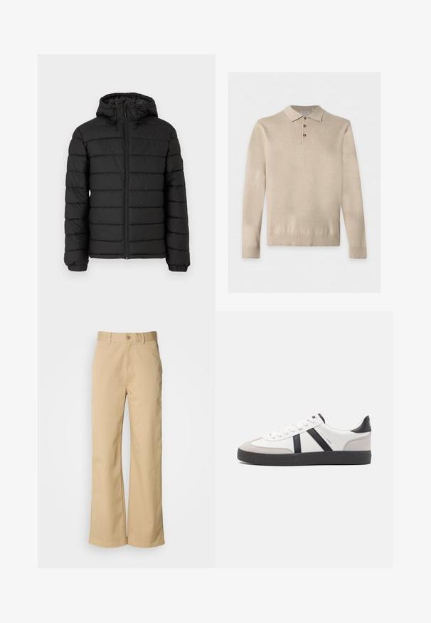 Doudoune noire avec capuche, motif matelassé, fermeture éclair à l'avant, poignets élastiqués et texture lisse, offrant chaleur et isolation.; Polo en maille beige à manches longues avec trois boutons et poignets et ourlet côtelés, posé à plat sur un fond blanc.; Pantalon large beige en mélange coton. Fermeture par bouton et passants de ceinture. Texture lisse, avec des détails de couture minimaux.; Baskets blanches avec des accents noirs et gris, présentant un embout texturé gris, une semelle en caoutchouc noir et des lacets plats blancs. Design épuré, style minimaliste.