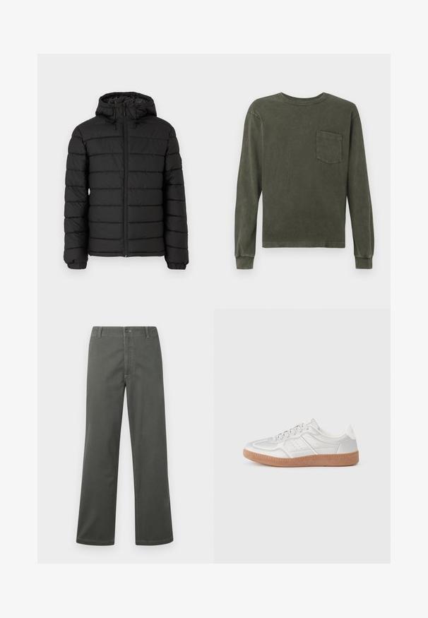 Doudoune noire avec capuche, motif matelassé, fermeture éclair à l'avant, poignets élastiqués et texture lisse, offrant chaleur et isolation.; Chemise à manches longues en vert olive foncé, fabriquée dans un matériau doux, avec un col rond et une poche poitrine. Texture lisse, coupe décontractée.; Pantalons larges gris en tissu mélangé coton, présentant un design classique à cinq poches et une fermeture à bouton sur le devant, avec des détails de couture contrastés.; Baskets argentées avec une texture lisse, un design à lacets, des accents perforés et une semelle en caoutchouc marron texturé.