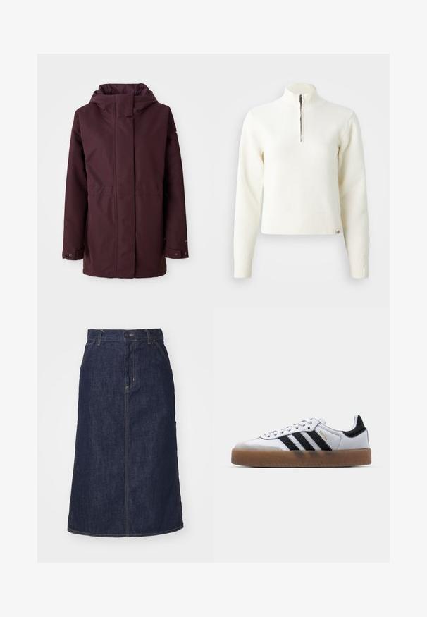 Bordeaux regnjakke med hætte, frontlynlås, to sidelommer og justerbare manchetter. Glat tekstur og minimalistisk design.; Hvid, sweater med lynlås ved halsen og lange ærmer. Lavet af et blødt strikmateriale, med ribbede manchetter og kant. Diskret mærke-logo ved kanten.; Mørk denimnederdel med høj talje, lige skæring, forlommer og stikninger. Har lynlås og knaplukning i taljen.; Hvide lædersneakers med sorte striber, gummirubber sål, rund tå, snørelukning og blød grå ruskinds tåhætte.