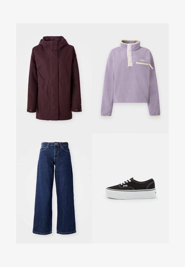 Bordeaux regnjakke med hætte, frontlynlås, to sidelommer og justerbare manchetter. Glat tekstur og minimalistisk design.; Lavendelfarvet fleece-trøje med trykknap-krave, gul kant og en vandret lynlåslomme på venstre bryst, vist på hvid baggrund.; Mørkeblå vide jeans lavet af denim, med knap- og lynlåslukning, bæltesløjfer og klassisk fem-lomme design.; Sort lærred sneakers med en hvid gummi platform sål, der har hvide snørebånd og syninger, ikonisk branding på siden, lav-top design.