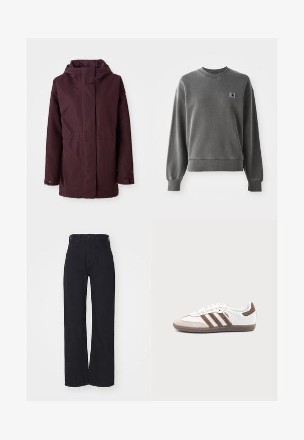 Bordeaux regnjakke med hætte, frontlynlås, to sidelommer og justerbare manchetter. Glat tekstur og minimalistisk design.; Grå pullover sweatshirt lavet af glat bomuldsblanding, med rund hals, ribbede manchetter og et lille logopatch på venstre bryst.; Sorte højtaljede bredbenede jeans med frontknap og lynlås, bæltestropper og to forlommer på hvid baggrund.; Hvid Adidas Samba sneaker med brune ruskindstriber, brun gummisål og beige ruskindståhætte, vist fra ydersiden på en ensfarvet baggrund.