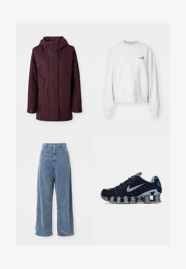 Bordeaux regnjakke med hætte, frontlynlås, to sidelommer og justerbare manchetter. Glat tekstur og minimalistisk design.; Grå crew-neck sweatshirt i et blødt stof med ribbede manchetter og kant; har broderet logo på brystet i gul og mørkerød.; Bredde ben blå kordfløjspant med vertikal ribstruktur, der har knaplukning foran og bæltestropper samt en afslappet silhuet.; Mørkeblå og sølv atletiske sko med segmenteret polstret sål og sølv Nike swoosh på siden, vist i højre profil på hvid baggrund.