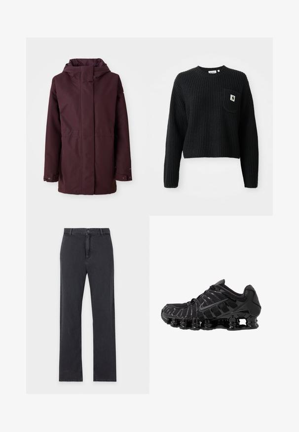Bordeaux regnjakke med hætte, frontlynlås, to sidelommer og justerbare manchetter. Glat tekstur og minimalistisk design.; Sort ribbenstrikket sweater med rund hals, lange ærmer og en frontlomme med et lille logo patch. Forkortet længde.; Straight-leg sorte jeans med forreste knap- og lynlåslukning, bæltestropper og klassisk fem-lommer design, lagt fladt på hvid baggrund.; Sort atletisk sko med mesh-overdel og glatte overlays. Har buet spiralbøsningsdæmpning og strukturerede linjer på siden. Nike-logoet er synligt.