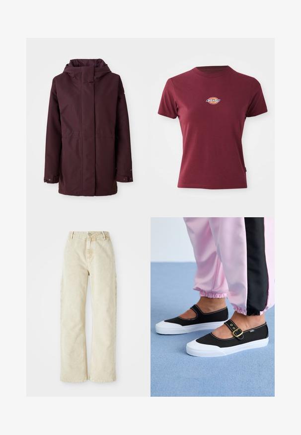 Bordeaux regnjakke med hætte, frontlynlås, to sidelommer og justerbare manchetter. Glat tekstur og minimalistisk design.; Bordeaux kortærmet t-shirt lavet af bomuld med rund halsudskæring og et lille multicoloreret "Dickies" logo på brystet.; Beige bredde denim bukser med høj talje, der har en frontknap og lynlås, bæltesløjfer og sidelommer. Blød tekstur.; Sorte lærredssko med en hvid sål, der har et udskæringsdesign og et guldspænde. Bæret med lyserøde træningsbukser.