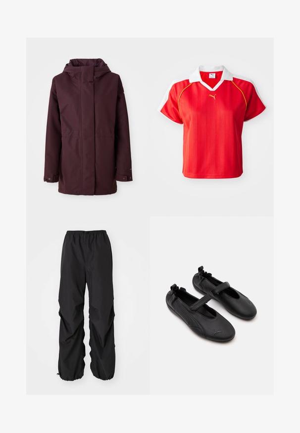 Bordeaux regnjakke med hætte, frontlynlås, to sidelommer og justerbare manchetter. Glat tekstur og minimalistisk design.; Rød sporty polo-shirt med hvid krave og ærmer, prydet med lodrette striber og et lille guld-logo foran. Letvægtsmateriale.; Sorte bukser med elastisk talje lavet af vandafvisende materiale. Har en løs pasform med sammenhæftede manchetter ved anklerne og ingen synlige mønstre.; Par af sorte læder Mary Jane-stil sko med elastisk hælkappe og justerbar rem, med Puma-logo på tåområdet.