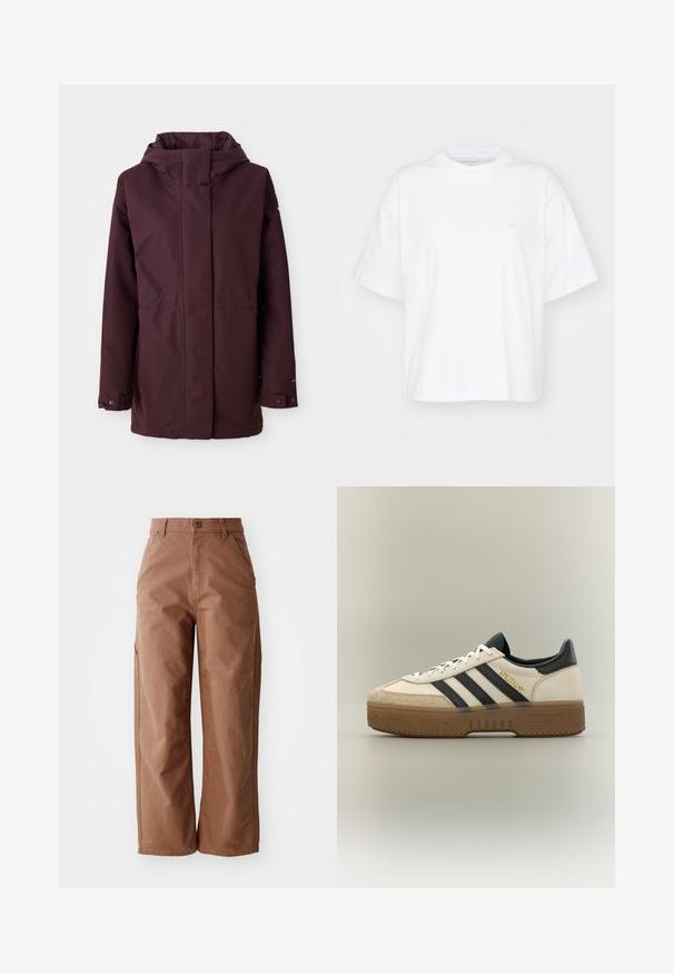 Bordeaux regnjakke med hætte, frontlynlås, to sidelommer og justerbare manchetter. Glat tekstur og minimalistisk design.; Hvid bomulds t-shirt med rund hals, korte ærmer og en afslappet pasform. Har et diskret logo på venstre brystområde. Glat tekstur.; Brune bukser med brede ben lavet af slidstærkt stof. Har en høj talje, forlommer og diskrete syninger.; Hvid Adidas sneaker med sorte striber, beige ruskindstå, brun sål og "SPEZIAL" i guldskrift på siden.