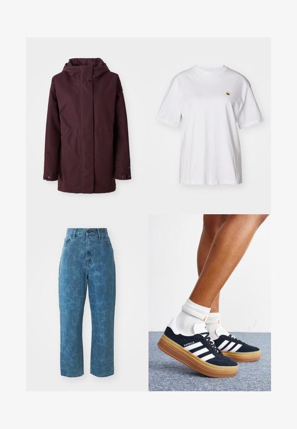 Bordeaux regnjakke med hætte, frontlynlås, to sidelommer og justerbare manchetter. Glat tekstur og minimalistisk design.; Hvid bomulds-t-shirt med en afslappet pasform, korte ærmer og et lille broderet logo på venstre brystområde.; Lyseblå denim jeans med en subtil mønstret struktur, høj talje og lige ben. Har en frontlukning med knap og lynlås.; Ben iført hvide sokker og sorte Adidas Gazelle sneakers med hvide striber og tykke brune såler på et gråt tæppe.