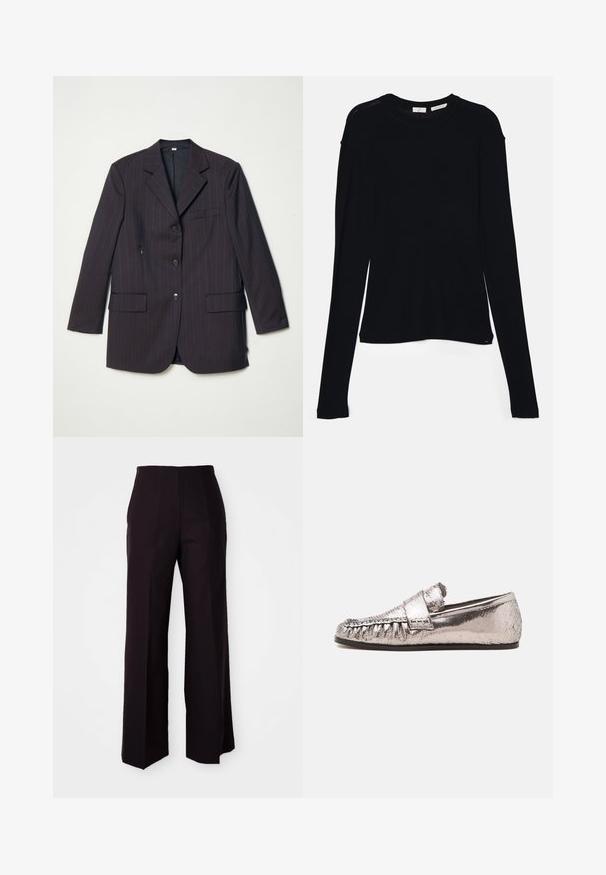 Dunkelbraune, gestreifte Blazerjacke mit zwei Vorderaschen, einem einzelnen Knopfverschluss und Reverskragen. Der Blazer hat einen dezenten, strukturierten Stoff.; Schwarzes Langarmoberteil aus weichem Stoff, mit rundem Ausschnitt und lässiger Passform, seitlichen Schlitzen am Saum für mehr Bewegungsfreiheit.; Schwarze weite Hose mit hoher Taille, aus einem glatten Material und dezenten Vorderfalten, maßgeschneidert für eine strukturierte Passform.; Silberner metallisch texturierter Loafer mit genähten Details und flacher schwarzer Sohle, von der Seite auf weißem Hintergrund gezeigt.