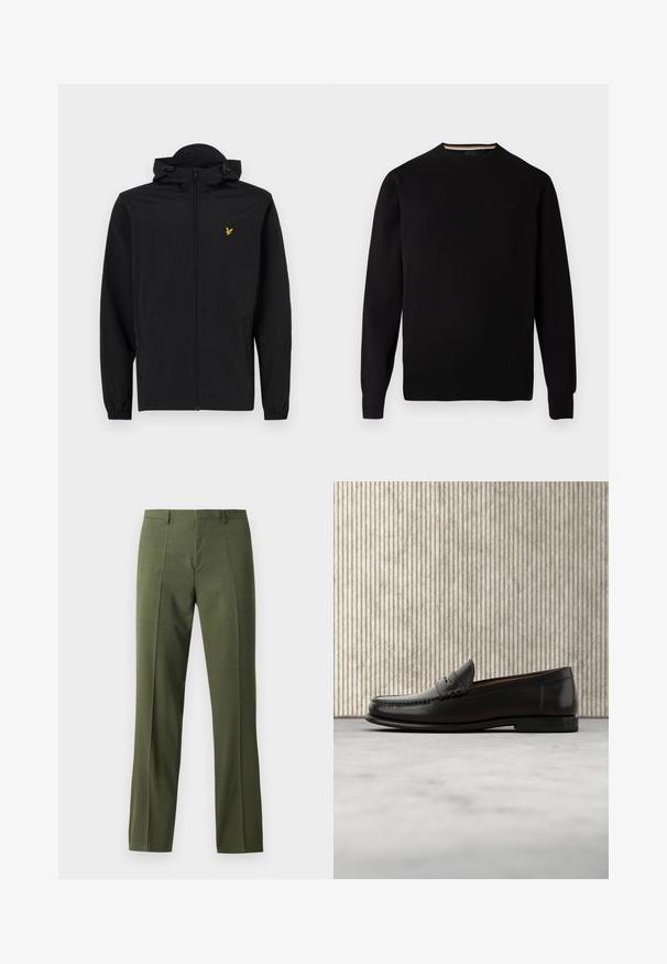 Black lightweight jacket with a hood, zip closure, elastic cuffs, and side pockets; features a small gold embroidered eagle logo.; Black knit sweater with a round neck, ribbed cuffs and hem, featuring a subtle logo on the chest and a contrasting inner neckband.; Olive green tailored trousers featuring a smooth texture, straight cut, and front crease, designed for formal or semi-formal occasions.; Black leather penny loafer with low heel, rounded toe, and stitched detailing along the front and sides, shown on neutral background.