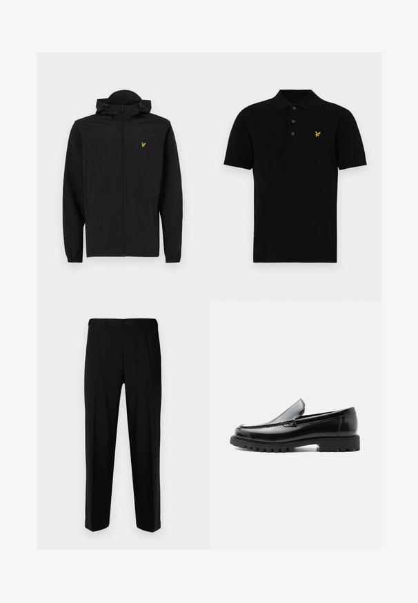 Sort letvægtsjakke med hætte, lynlåslukning, elastiske manchetter og sidelommer; har et lille guld broderet ørnelogo.; Sort poloshirt i bomuldsblanding med tre-knap lukning, korte ærmer og et lille gult emblem på venstre bryst.; Sorte bukser lavet af glat stof, med lige snit, to forlommer og lynlås med knaplukning.; Sort læderloafer med chunky gummisål, syet overdel og præget mærkenavn på hælen, vist i sideprofil på hvid baggrund.