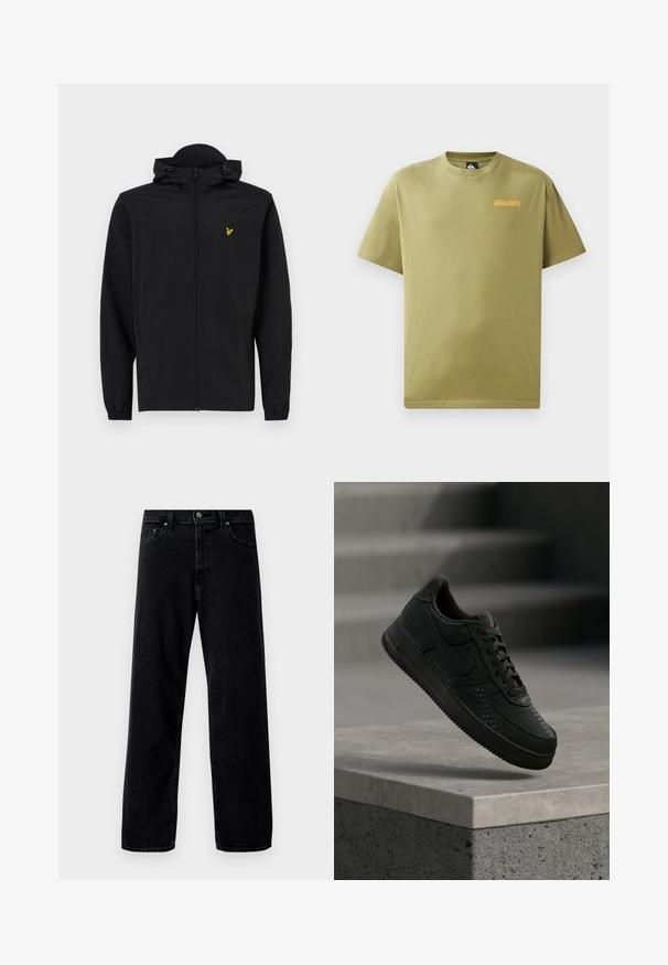 Veste légère noire avec capuche, fermeture éclair, poignets élastiques et poches latérales ; affiche un petit logo d'aigle brodé doré.; T-shirt à manches courtes couleur olive, fabriqué en coton, doté d'un petit logo orange "Quiksilver" sur la poitrine et d'une coupe décontractée.; Hollister Co. Jean baggy - washed black; Baskets Nike noires avec détails perforés flottant au-dessus d'un rebord en béton sur un fond gris flou.