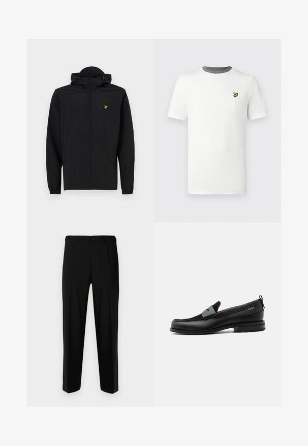 Veste légère noire avec capuche, fermeture éclair, poignets élastiques et poches latérales ; affiche un petit logo d'aigle brodé doré.; T-shirt en coton blanc avec col rond, manches courtes, et col gris ; présente un petit logo jaune brodé sur la poitrine.; Pantalon noir en tissu lisse, présentant une coupe droite, deux poches avant et une fermeture à glissière avec bouton.; Mocassin en cuir noir avec détail de bride grise, talon bas et semelle texturée, marqué "HUGO" en or sur le côté.