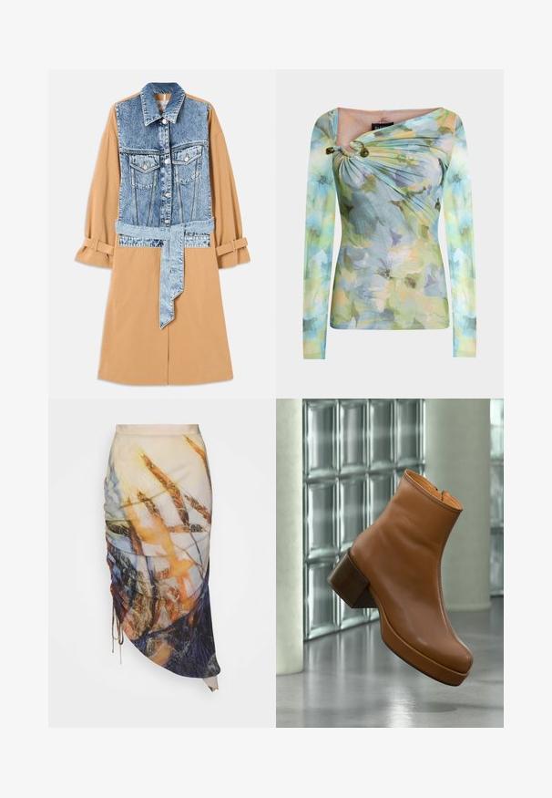 Denim en kaki overhemdjurk met een volledige denim voorkant, een riem om de taille en opgerolde mouwen, voorzien van zakken en contrasterende materialen.; Strak aansluitend shirt met lange mouwen, pastelbloemenpatroon, asymmetrische halslijn met twee groene kralen op de linkerschouder.; Materiel DIAGONAL GATHERED SKIRT - Kokerrok - golden hour; Bruine leren enkellaars met blokhak, zwevend binnen nabij een glazen blokmuur en cilindervormige zuil op een gepolijste vloer.