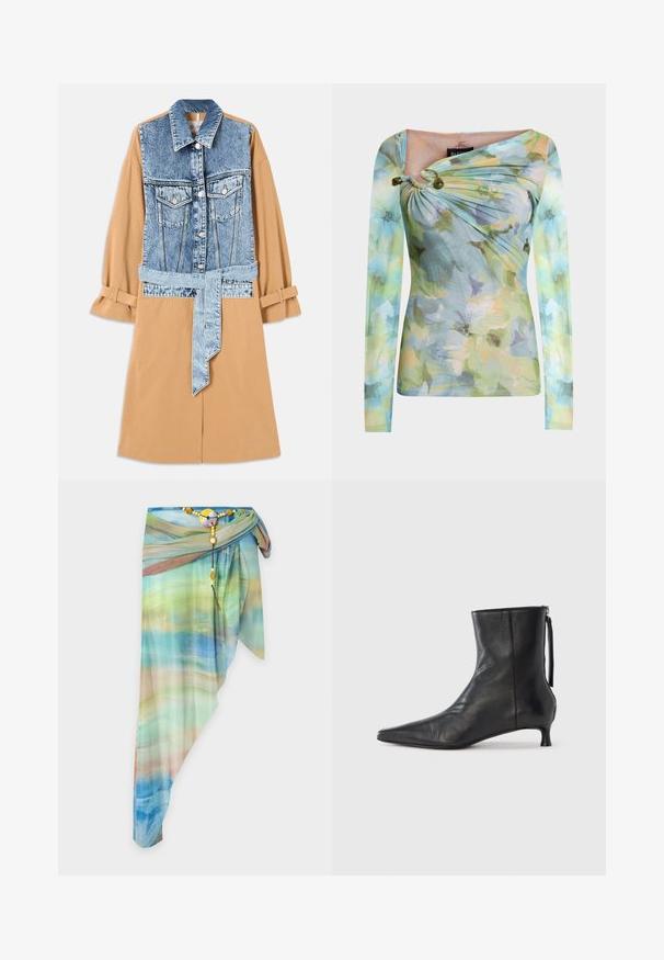 Robe chemise en denim et en khaki présentant un devant en denim plein, une taille ceinturée et des manches retroussées, avec des poches et des matériaux contrastants.; Haut ajusté à manches longues avec motif floral pastel, encolure asymétrique resserrée avec deux perles vertes sur l'épaule gauche.; Jupe portefeuille asymétrique en voile avec un motif dégradé bleu, vert et beige, fixée avec une ceinture décorative perlée et une boucle ronde.; Bottine en cuir noir à bout pointu, forme structurée et petit talon. Dispose d'une fermeture éclair latérale et d'un design minimaliste.