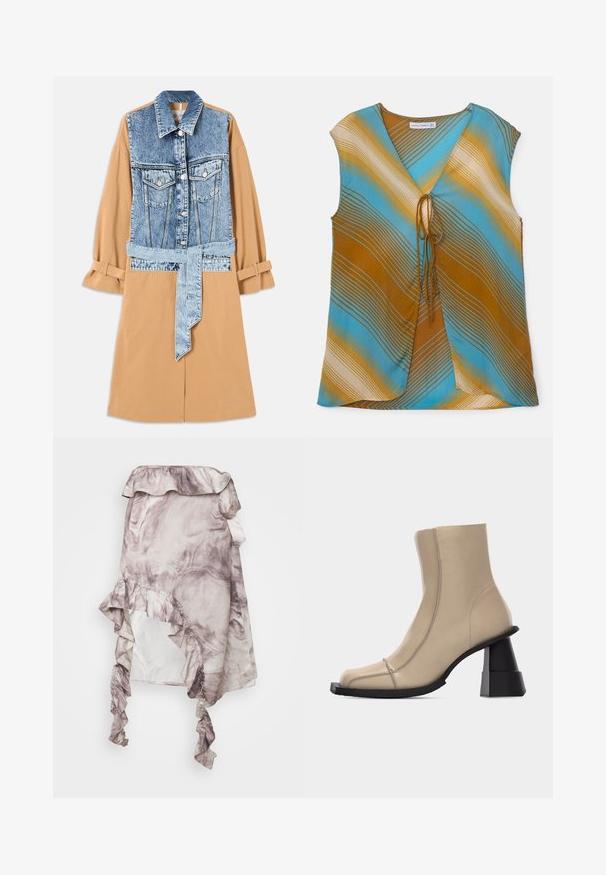Robe chemise en denim et en khaki présentant un devant en denim plein, une taille ceinturée et des manches retroussées, avec des poches et des matériaux contrastants.; Haut sans manches multicolore en bleu, marron et crème avec des rayures ondulées. Doté d'un décolleté en V et d'un détail à nouer à l'avant.; ROKH MIDI SKIRT RUFFLES - Jupe trapèze - purple; Bottine beige en cuir avec bout carré, couture visible, et talon bloc noir sculpté et épais sur fond blanc.