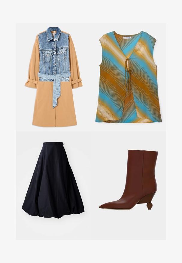 Robe chemise en denim et en khaki présentant un devant en denim plein, une taille ceinturée et des manches retroussées, avec des poches et des matériaux contrastants.; Haut sans manches multicolore en bleu, marron et crème avec des rayures ondulées. Doté d'un décolleté en V et d'un détail à nouer à l'avant.; By Malene Birger AUBREY - Jupe longue - black; Bottine en cuir marron avec un bout pointu et un talon en bois arrondi unique sur un fond clair uni.