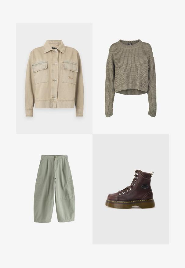 Beige denimjakke med krave, lange ærmer, knaplukning og to brystlommer. Har kontrasterende syninger og diskret logo-stikning.; Olivengrøn, kort striktrøje med et tekstureret mønster, rund hals og lange ærmer. Tykt ribkant ved kanten og ærmerne.; Lysegrønne vidde cargobukser med sidelommer med klap, frontknapper og lynlås.; Brun læder ankelstøvle med tekstureret overflade, sølv øjer og gul syning. Har en kraftig gennemsigtig sål og en trækstrop.