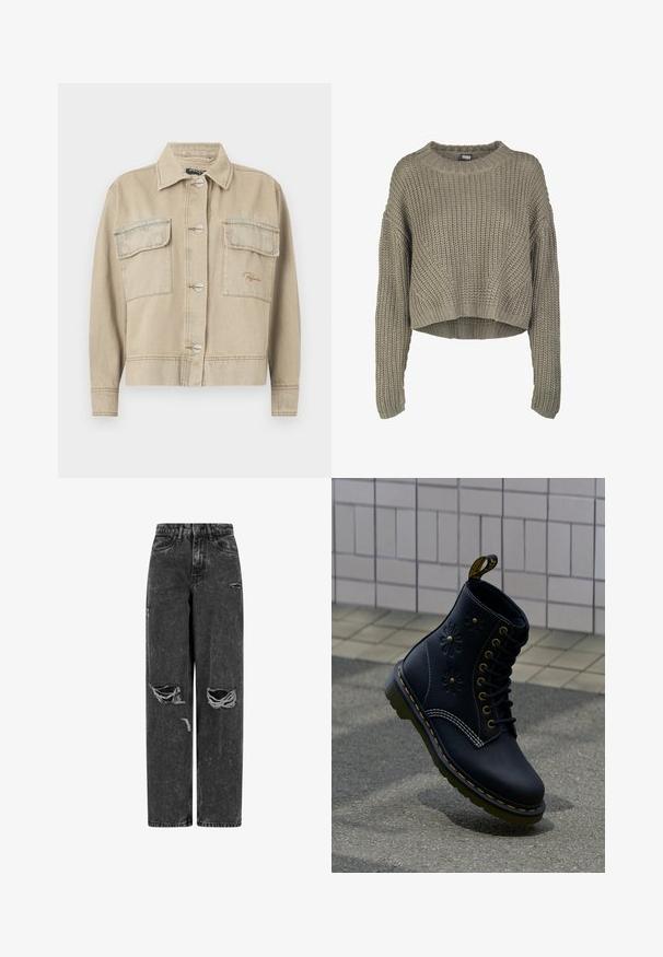 Beige denimjack met een kraag, lange mouwen, knoopsluiting en twee borstzakken. Kenmerkt zich door contrasterende stiksels en subtiele logo borduring.; Olijfgroen geknipte gebreide trui met een textuurpatroon, ronde halslijn en lange mouwen. Dikke ribbels aan de zoom en manchetten.; Zwarte high-waist wijde jeans met gescheurde knieën en verwerkte details op een witte achtergrond.; Enkele zwarte leren laars met gele stiksels, geperste bloemmotieven, zwarte veters en een gele trekhaak staand op gestructureerd trottoir.
