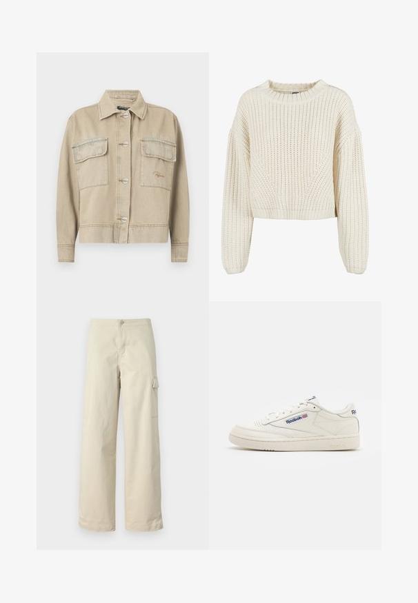 Beige denimjakke med krave, lange ærmer, knaplukning og to brystlommer. Har kontrasterende syninger og diskret logo-stikning.; Chunky strik creme trøje med rund halsudskæring, brede ærmer, ribbede manchetter og et struktureret mønster. Korte design.; Beige cargo bukser lavet af blødt bomuld, med lige pasform, en frontknap og en sidelomme med flapdetalje.; Hvide lædersneakers med en tekstureret gummisål, rund tå og Reebok-branding i blå. Minimalistisk design med syede detaljer.