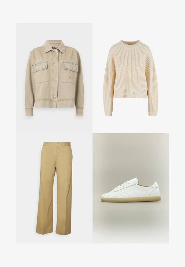 Beige denimjakke med krave, lange ærmer, knaplukning og to brystlommer. Har kontrasterende syninger og diskret logo-stikning.; Cremefarvet strikket sweater med høj ribbet krave, brede ærmer og et struktureret mønster hele vejen igennem. Kropet design med ribbet kant.; Khaki brede bukser lavet af en letvægts bomuldsblanding, med lynlås og bæltesløjfer. Glat tekstur med en ren finish.; Hvid lavtop lædersneaker med beige sål, snøredesign og subtile syede mønstre på neutral baggrund.