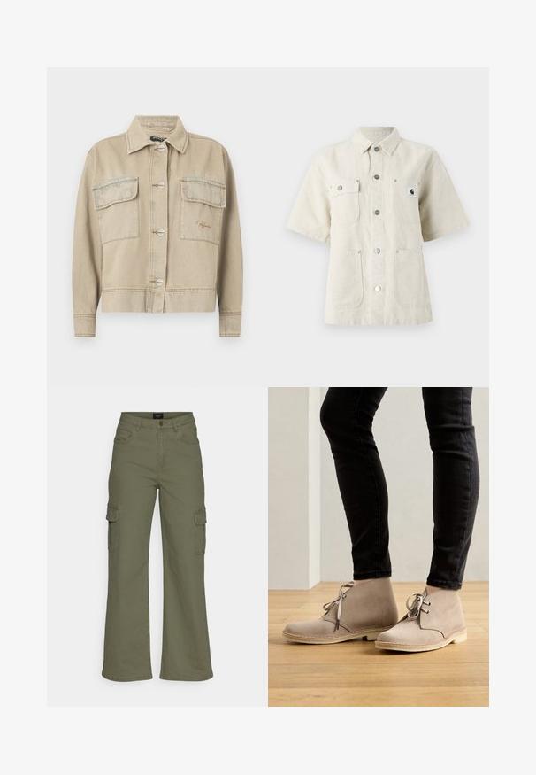 Beige denimjakke med krave, lange ærmer, knaplukning og to brystlommer. Har kontrasterende syninger og diskret logo-stikning.; Kortærmet skjorte i lys beige stof, med spidse kraver, frontknapper, to brystlommer og et lille logomærke på venstre side.; Cargo-bukser i olivengrøn bomuldsblanding, med brede ben, flere sidelommer og lynlås foran med knaplukning.; Beige ruskind ankelstøvler med en rund tå, snørebåndsdesign og kontrasterende syninger, båret med sorte tætsiddende bukser på et trægulv.