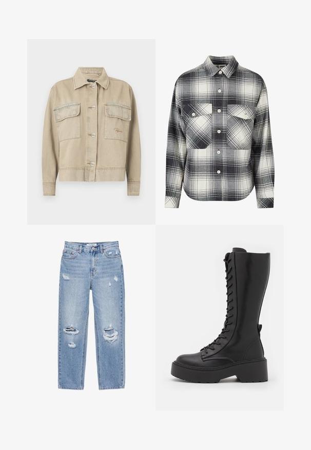 Beige denimjakke med krave, lange ærmer, knaplukning og to brystlommer. Har kontrasterende syninger og diskret logo-stikning.; Rutet flannel skjorte i sort, hvid og grå. Har knaplukning foran, to brystlommer og lange ærmer med knapmansjetter.; Lyseblå jeans med lige ben, slidte huller på begge ben, fem-lommer-stil og knaplukning i taljen.; Sorte knæhøje snørestøvler med en chunky platformsål, glat læderfinish og forstærket syning langs sømmene.