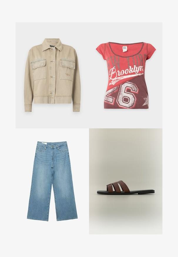 Beige denimjakke med krave, lange ærmer, knaplukning og to brystlommer. Har kontrasterende syninger og diskret logo-stikning.; Rød og mørkerød t-shirt med korte ærmer med teksten "New York Brooklyn" og nummer 26 trykt foran, størrelse lille.; Lyseblå vidde jeans med frontknap og lynlås, for- og baglommer samt bæltestropper.; Flad sort klipklap med tre brede brune remme over toppen, vist på en neutral grå baggrund.