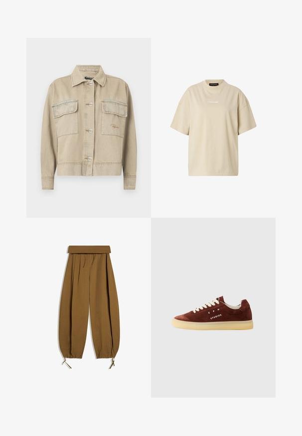 Beige denimjakke med krave, lange ærmer, knaplukning og to brystlommer. Har kontrasterende syninger og diskret logo-stikning.; Beige oversized T-shirt med korte ærmer, rund hals og lille hvid "REGARD"-logo centreret på brystet.; Brune bukser med høj talje og brede ben med plisseringer, opsmøgede kanter med justerbare snore og et foldet taljebånd.; Brune ruskind sneakers med beige gummisål, udstyret med hvide snørebånd og trykt "CPH STUDIOS" logo på siden. Enkel, lav profil design.