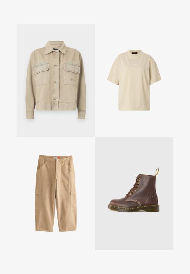 Beige denimjakke med krave, lange ærmer, knaplukning og to brystlommer. Har kontrasterende syninger og diskret logo-stikning.; Beige oversized T-shirt med korte ærmer, rund hals og lille hvid "REGARD"-logo centreret på brystet.; Beige vidde-cropped bukser med frontlommer med klap, sidelommer, bæltestropper og knaplukning i taljen.; Brune lædersnøreboots med gule syninger, rund tå og en robust gummisål. Har en trækflap ved hælen for nem påføring.