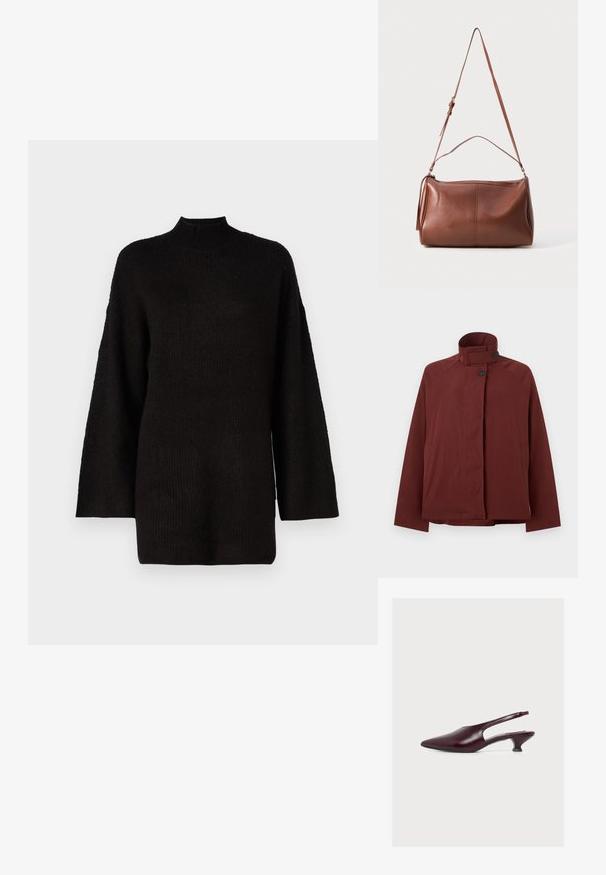 Veste rouge foncé à col montant, deux boutons noirs à l'avant et manches longues, présentée sur un fond gris clair uni.; Pull en tricot noir surdimensionné avec un col haut et des manches longues, présentant un tissu texturé pour un intérêt visuel supplémentaire.; Chaussure slingback bordeaux à bout pointu avec un petit talon kitten bas et une finition en cuir lisse, vue de profil sur fond blanc.; Sac à bandoulière en cuir marron avec une texture douce, une forme arrondie, une bandoulière réglable unique et un détail pompon sur le côté.