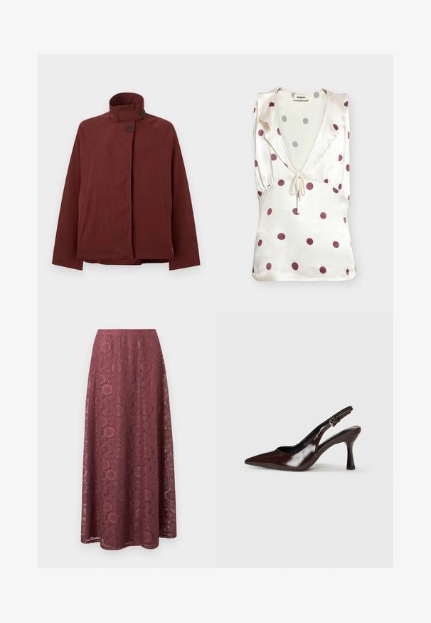 Veste rouge foncé à col montant, deux boutons noirs à l'avant et manches longues, présentée sur un fond gris clair uni.; Top en satin crème sans manches avec des pois mauves, col en V profond, détail volanté aux épaules, et fermeture à nouer devant.; Jupe longue en dentelle mauve avec des motifs floraux et géométriques, silhouette évasée et ceinture lisse.; Talons slingback en cuir verni brun avec un bout pointu, un talon fin, et une sangle réglable avec une petite boucle.