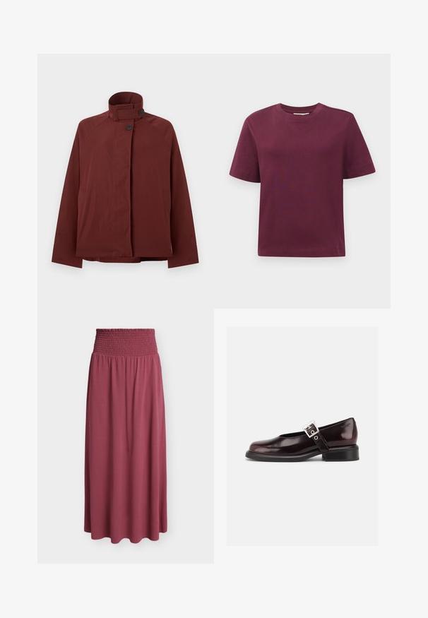 Veste rouge foncé à col montant, deux boutons noirs à l'avant et manches longues, présentée sur un fond gris clair uni.; T-shirt à manches courtes et col rond, uni rouge foncé, présenté sur un fond blanc.; Jupe longue de couleur mauve avec une large ceinture élastiquée froncée et un tissu doux et fluide s’étendant jusqu’à l’ourlet.; Chaussure Mary Jane unique brillante couleur bordeaux foncé avec une large bride et une boucle argentée, talon bloc bas et bout arrondi sur fond blanc.