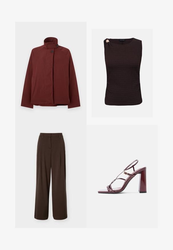 Veste rouge foncé à col montant, deux boutons noirs à l'avant et manches longues, présentée sur un fond gris clair uni.; Haut sans manches de couleur marron foncé avec une texture, un col rond et un détail froncé sur une épaule.; Pantalon large marron foncé avec plis à l'avant, passants de ceinture et fermeture éclair avant cachée.; Sandale à talon haut bordeaux avec bout carré, lanières élégantes et finition brillante. Dispose d'un talon bloc solide et d'un accent en métal doré.