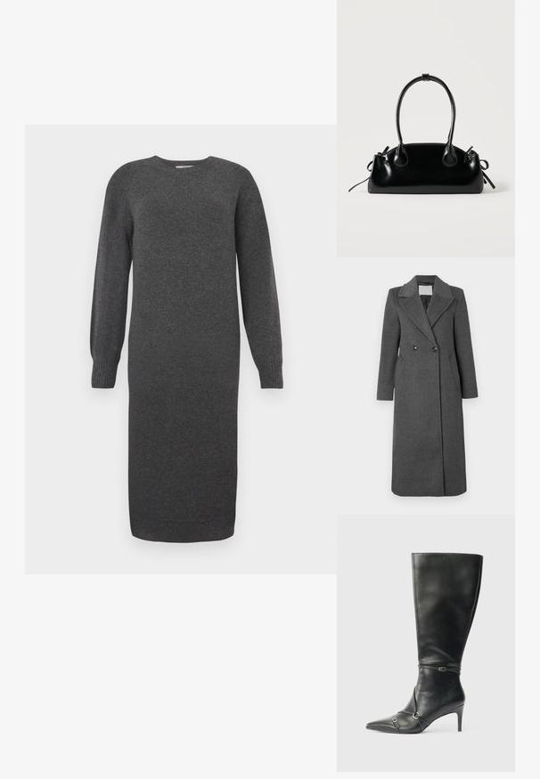 Manteau en laine mélangée gris à double boutonnage avec col cranté, deux poches latérales, et une coupe longueur genoux. Tissu texturé et accents de boutons.; Robe tricotée gris foncé avec des manches longues, un col rond et des poignets côtelés. Longueur mi-mollet et texture lisse. Design simple sans motifs.; Bottes noires en cuir montant jusqu'au genou, avec un talon fin, un bout pointu et des détails de lanière à la cheville. Texture lisse et design ajusté.; Petit sac à main noir brillant avec deux longues anses et des détails à cordon sur les côtés sur un fond clair uni.