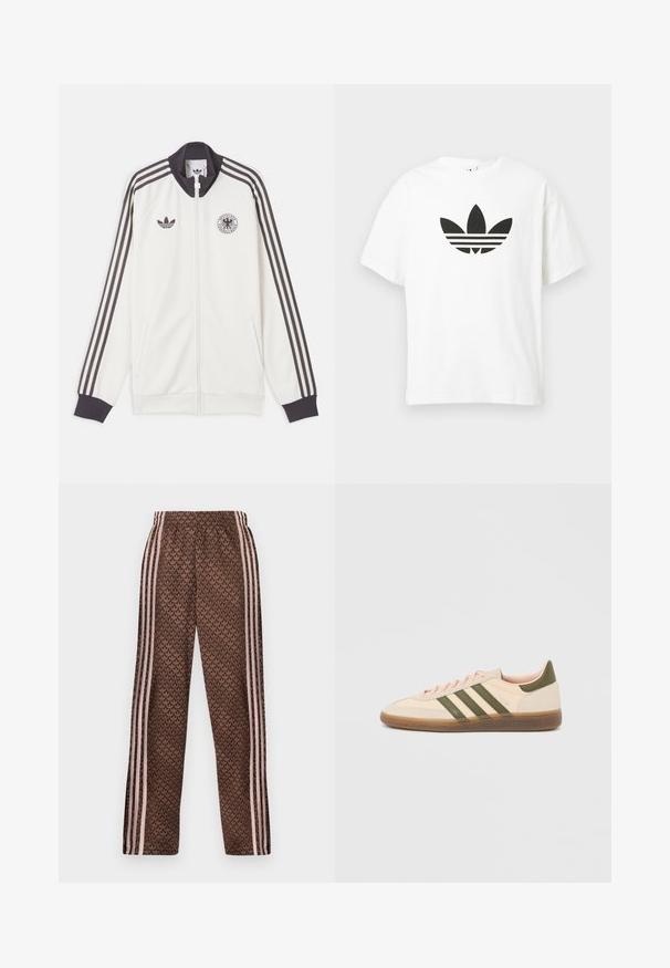 Άσπρο αθλητικό μπουφάν Adidas με μαύρες τρεις ρίγες στα μανίκια, μαύρο γιακά και μανσέτες, λογότυπο Adidas και έμβλημα της Γερμανικής ποδοσφαιρικής ομοσπονδίας.; Λευκό βαμβακερό μπλουζάκι με μεγάλο μαύρο λογότυπο trefoil της Adidas και τρεις οριζόντιες γνωστές ρίγες από κάτω. Κοντά μανίκια, στρογγυλή λαιμόκοψη.; Καφέ παντελόνια φόρμας με ανοιχτό ροζ κάθετες ρίγες στα πλαϊνά και επαναλαμβανόμενο σχέδιο φύλλων σε όλη την επιφάνεια, ελαστική μέση, εφαρμοστή ίσια γραμμή στα πόδια.; Χαμηλού προφίλ μπεζ αθλητικό παπούτσι Adidas Spezial με πράσινες ρίγες, σόλα από καουτσούκ και την επωνυμία "SPEZIAL" στην πλευρά, εμφανίζεται από την εξωτερική πλευρά.