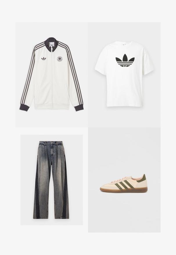 Άσπρο αθλητικό μπουφάν Adidas με μαύρες τρεις ρίγες στα μανίκια, μαύρο γιακά και μανσέτες, λογότυπο Adidas και έμβλημα της Γερμανικής ποδοσφαιρικής ομοσπονδίας.; Λευκό βαμβακερό μπλουζάκι με μεγάλο μαύρο λογότυπο trefoil της Adidas και τρεις οριζόντιες γνωστές ρίγες από κάτω. Κοντά μανίκια, στρογγυλή λαιμόκοψη.; Τζιν ψηλόμεσο με ξεθωριασμένο γκρι χρώμα, πιέτες και μαύριες κάθετες ρίγες κατά μήκος των εξωτερικών πλευρών κάθε ποδιού.; Χαμηλού προφίλ μπεζ αθλητικό παπούτσι Adidas Spezial με πράσινες ρίγες, σόλα από καουτσούκ και την επωνυμία "SPEZIAL" στην πλευρά, εμφανίζεται από την εξωτερική πλευρά.