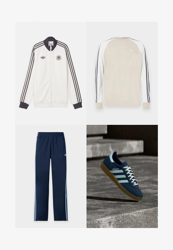 Άσπρο αθλητικό μπουφάν Adidas με μαύρες τρεις ρίγες στα μανίκια, μαύρο γιακά και μανσέτες, λογότυπο Adidas και έμβλημα της Γερμανικής ποδοσφαιρικής ομοσπονδίας.; Μπεζ μακρυμάνικο πουκάμισο με λευκά raglan μανίκια και ναυτικομπλε ρίγες στα πλαϊνά. Διαθέτει μικρό λευκό λογότυπο στο στήθος.; Μπλε ναυτικό παντελόνι φόρμας Adidas με ανοιχτό μπλε τρεις ρίγες στα πλάγια και ελαστική μέση, παρουσιασμένο επίπεδα σε λευκό φόντο.; Μπλε sneaker Adidas Spezial με λευκές ρίγες και κορδόνια, λαστιχένια σόλα, αιωρείται πάνω από τραχιά επιφάνεια σκυροδέματος και σκαλοπάτια στο φόντο.