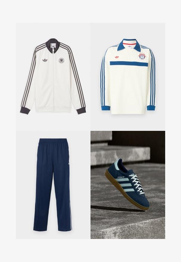 Άσπρο αθλητικό μπουφάν Adidas με μαύρες τρεις ρίγες στα μανίκια, μαύρο γιακά και μανσέτες, λογότυπο Adidas και έμβλημα της Γερμανικής ποδοσφαιρικής ομοσπονδίας.; Λευκή αθλητική φανέλα μακρυμάνικη με μπλε γιακά, μπλε ρίγες στα μανίκια, μπλε ρίγα στο στήθος, κόκκινο λογότυπο και έμβλημα ασπίδας με αστέρια στο στήθος.; Αθλητικό παντελόνι σε ναυτικό μπλε χρώμα με υφή, ελαστική μέση και λευκές πλευρικές ρίγες. Διαθέτει ίσια γραμμή και χωρίς τσέπες.; Μπλε sneaker Adidas Spezial με λευκές ρίγες και κορδόνια, λαστιχένια σόλα, αιωρείται πάνω από τραχιά επιφάνεια σκυροδέματος και σκαλοπάτια στο φόντο.