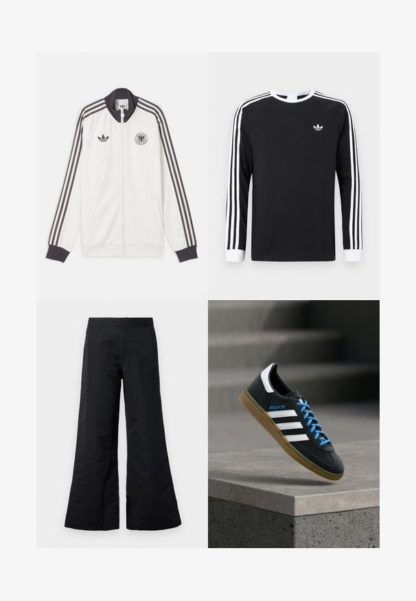 Άσπρο αθλητικό μπουφάν Adidas με μαύρες τρεις ρίγες στα μανίκια, μαύρο γιακά και μανσέτες, λογότυπο Adidas και έμβλημα της Γερμανικής ποδοσφαιρικής ομοσπονδίας.; Μαύρο μακρυμάνικο μπλουζάκι με λευκό σχέδιο τριών ραβδώσεων στα μανίκια. Διαθέτει στρογγυλή λαιμόκοψη και μικρό λευκό λογότυπο στο στήθος.; Μαύρο παντελόνι σε φαρδύ στιλ από λείο ύφασμα, με πτυχές μπροστά και ζώνη. Καθαρός σχεδιασμός χωρίς ορατά μοτίβα ή λεπτομέρειες.; Μαύρο αθλητικό παπούτσι Adidas με λευκές ρίγες, μπλε κορδόνια και καουτσούκ σόλα να αιωρείται πάνω από γκρίζο τσιμεντένιο σκαλοπάτι σε απαλό φως.