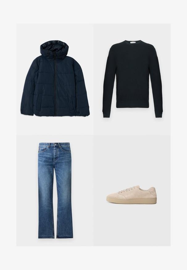Doudoune bleue marine avec capuche, dotée d'une fermeture éclair à l'avant, d'un design à couture horizontale, de deux poches latérales et d'un logo sur la doublure intérieure.; Pull noir tricoté avec un col rond, des manches longues et un motif texturé. Comprend un ourlet et des poignets côtelés.; Jean en denim bleu avec une coupe droite, cinq poches, fermeture par bouton et zip, et légère décoloration sur les cuisses et les genoux.; Baskets en daim beige avec un bout rond, des lacets plats et une semelle en caoutchouc texturé. Design minimaliste avec des bords lisses et des coutures discrètes.